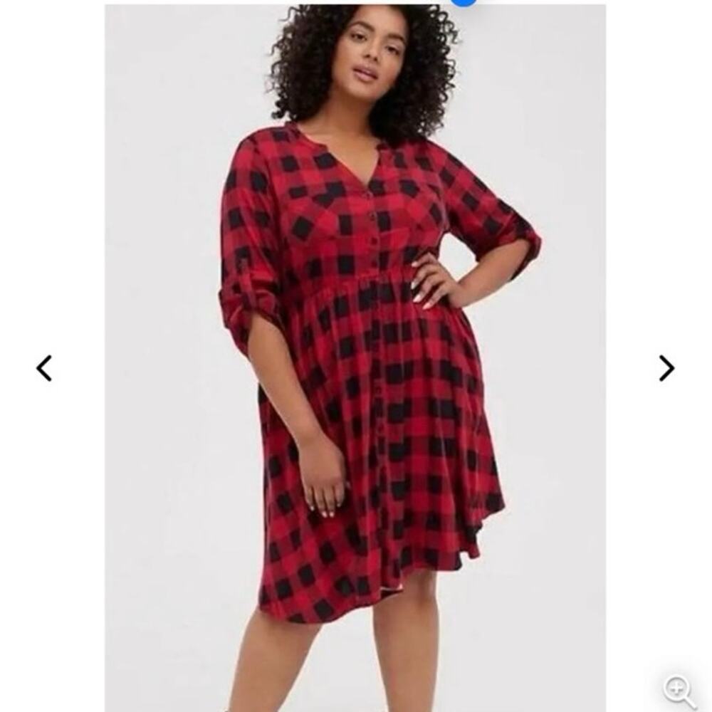 Torrid Red Plaid Button Front Midi Shirt Dress - Size 00